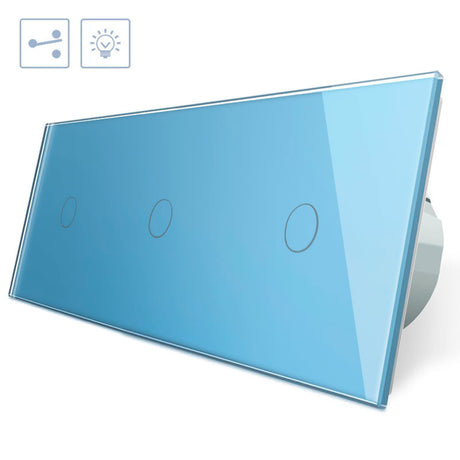 Conmutador de 3 módulos con 3 encendidos en color azul. Interruptor eléctrico de empotrar con cuerpo de aluminio y panel frontal táctil iluminado de cristal templado con acabado de alta calidad y diseño minimalista.