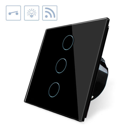 Interruptor táctil sencillo de 1 módulo con 3 encendidos en color negro. Interruptor eléctrico de empotrar con cuerpo de aluminio y panel frontal táctil iluminado de cristal templado con acabado de alta calidad y diseño minimalista. Control por WiFi, App IOs, Android, por voz, Alexa, Google Home. 