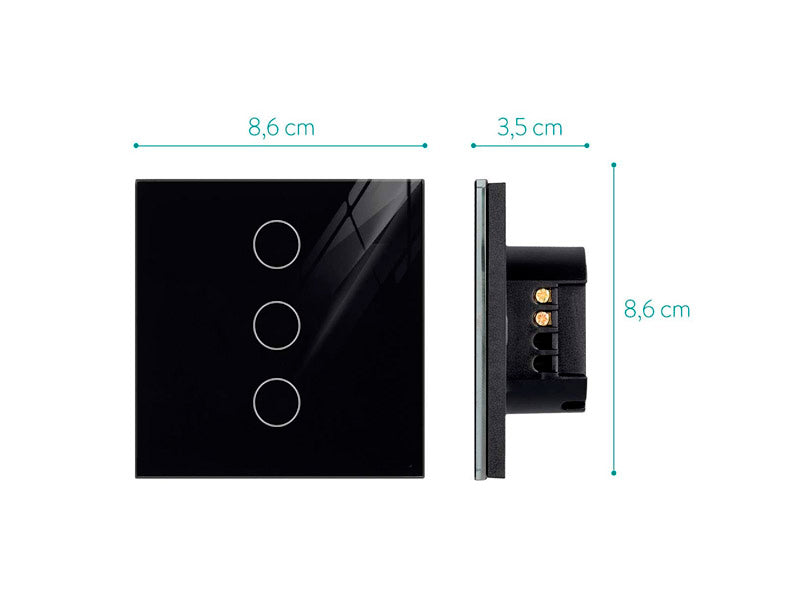 Interruptor táctil sencillo de 1 módulo con 3 encendidos en color negro. Interruptor eléctrico de empotrar con cuerpo de aluminio y panel frontal táctil iluminado de cristal templado con acabado de alta calidad y diseño minimalista. Control por WiFi, App IOs, Android, por voz, Alexa, Google Home. 