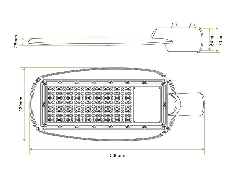 Farola LED con chip Osram y 100lm/w, con cuerpo de aluminio fundido a presión y óptica asimétrica profesional que aumenta la luminosidad y la distribuye de forma óptima. 