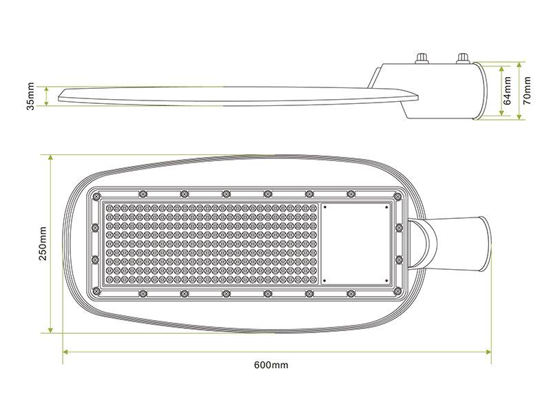 Farola LED con chip Osram y 100lm/w, con cuerpo de aluminio fundido a presión y óptica asimétrica profesional que aumenta la luminosidad y la distribuye de forma óptima. 