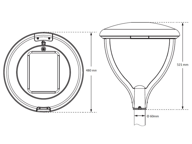 Farola LED 27W de altas prestaciones con chip LUMILEDS 135lm/w. Con fijación sobre poste y opciones de soporte horizontal, suspendido y superior. Farolas LED con cuerpo de aluminio fundido a presión y vidrio templado con nuevo diseño para evitar la acumulación de polvo y aves. Equipo de alimentación electrónico IP-66 Clase I con protector de sobretensión (10 KV). Apertura fácil para mantenimiento. Driver Meanwell o Inventronics (programable). Garantía de 5 años