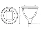 Farola LED 27W de altas prestaciones con chip LUMILEDS 135lm/w. Con fijación sobre poste y opciones de soporte horizontal, suspendido y superior. Farolas LED con cuerpo de aluminio fundido a presión y vidrio templado con nuevo diseño para evitar la acumulación de polvo y aves. Equipo de alimentación electrónico IP-66 Clase I con protector de sobretensión (10 KV). Apertura fácil para mantenimiento. Driver Meanwell o Inventronics (programable). Garantía de 5 años