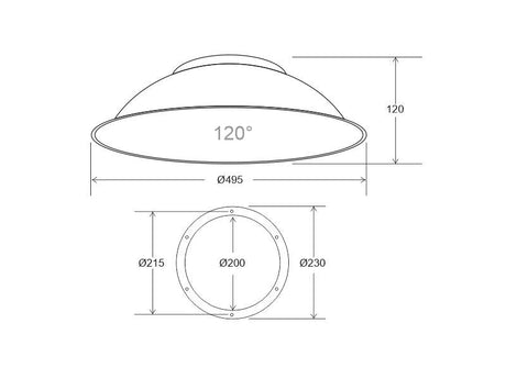 Reflector de aluminio 120º para luminaria industrial. Lacado exterior color negro mate. Interior lacado en color blanco.