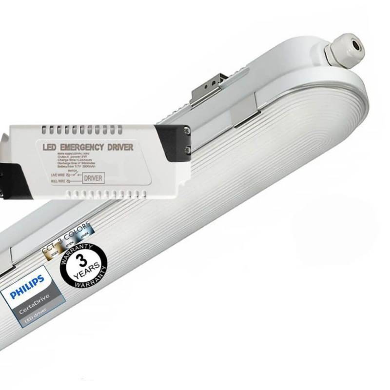 Innovadora Regleta EMERGENCIA LED con tecnología CCT - Color seleccionable (3000K-4000K-6000K) con PHILIPS Driver. Su diseño elegante presenta una cubierta semi transparente fabricada con materiales de primera calidad: Policarbonato y ABS. Incorpora batería de emergencia,  no permanente,  con hasta 2 horas de autonomía, brindando tranquilidad en situaciones críticas. Cuando la electricidad falla, la regleta aún proporciona un 20% de luminosidad, manteniendo el entorno iluminado y seguro. 