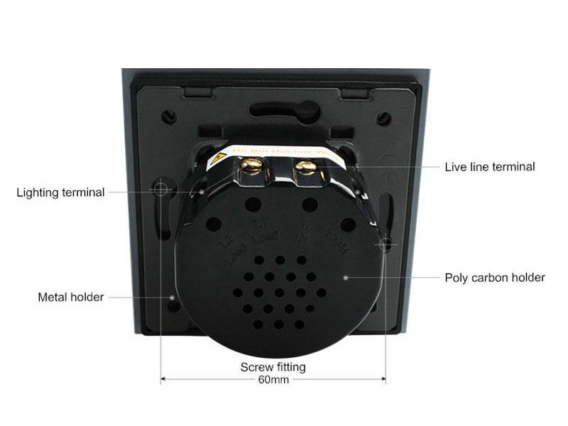 Mecanismo de empotrar EU, interruptor doble + remoto, con cuerpo de aluminio y botones táctiles iluminados. No incluye mando a distancia.