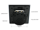 Mecanismo de empotrar EU, interruptor simple + regulador por TRIAC, con cuerpo de aluminio y botones táctiles iluminados. Permite variar la intensidad de las luminarias (siempre y cuando las luminarias conectadas tengan función de regulación)