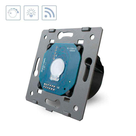 Mecanismo de empotrar EU, interruptor simple + regulador + remoto, con cuerpo de aluminio y botones táctiles iluminados. Permite variar la intensidad de las luminarias (siempre y cuando las luminarias conectadas tengan función de regulación).  No incluye mando a distancia.