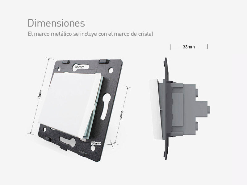 Mecanismo de empotrar EU, interruptor conmutador. Con tecla de color blanco. NO INCLUYE marco metálico ni panel frontal de cristal. (el marco frontal de cristal incluye el marco metálico)