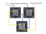 Mecanismo de empotrar EU, interruptor conmutador. Con tecla y marco de cristal de color blanco. Incluye marco metálico y panel frontal de cristal. Sirve para encender y apagar la luz desde tres lugares diferentes. Por ejemplo, un pasillo, donde tienes un mecanismo en la entrada, otro en la parte media del pasillo y otro al final. Se combina con dos interruptores-conmutadores.