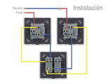 Mecanismo de empotrar EU, interruptor conmutador. Con 2 media teclas y marco de cristal de color blanco. Incluye marco metálico y panel frontal de cristal. Sirve para encender y apagar la luz desde tres lugares diferentes. Por ejemplo, un pasillo, donde tienes un mecanismo en la entrada, otro en la parte media del pasillo y otro al final. Se combina con dos interruptores-conmutadores.