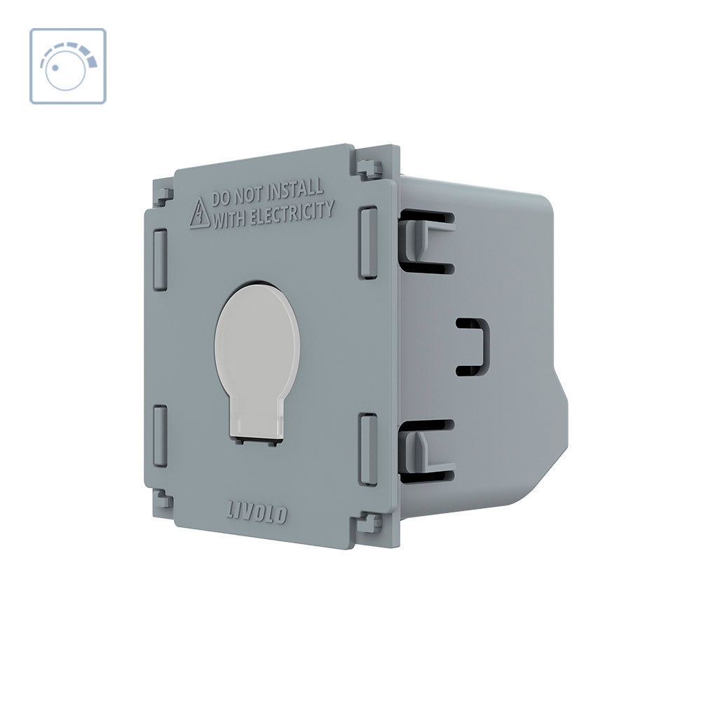 Mecanismo de empotrar EU, interruptor simple + regulador por TRIAC, con cuerpo de aluminio y botones táctiles iluminados. Permite variar la intensidad de las luminarias (siempre y cuando las luminarias conectadas tengan función de regulación)