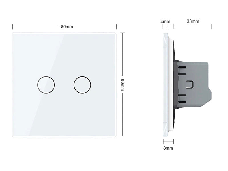 Mecanismo de empotrar EU, interruptor simple + regulador por TRIAC, con cuerpo de aluminio y botones táctiles iluminados. Permite variar la intensidad de las luminarias (siempre y cuando las luminarias conectadas tengan función de regulación)