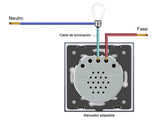 Mecanismo de empotrar EU, interruptor simple + regulador por TRIAC, con cuerpo de aluminio y botones táctiles iluminados. Permite variar la intensidad de las luminarias (siempre y cuando las luminarias conectadas tengan función de regulación)