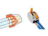 Conector rápido ideal para la conexión rápida de cables de sección desde 0.08 hasta 2,5 mm2. Terminal de conexión para cables de dos hilos.