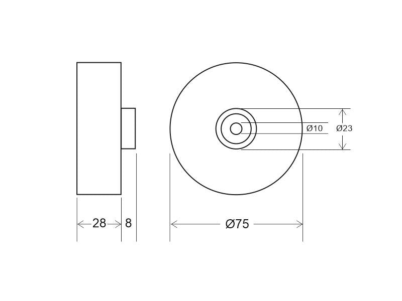 Florón redondo lacado color blanco mate, Ø75x28mm. Facilita la instalación y oculta los cables de conexión de las lámparas suspendidas.