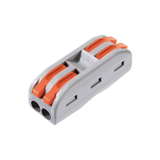 Conector rápido ideal para la conexión rápida de cables de sección desde 0.08 hasta 2,5 mm2. Terminal de conexión para cables de dos hilos.