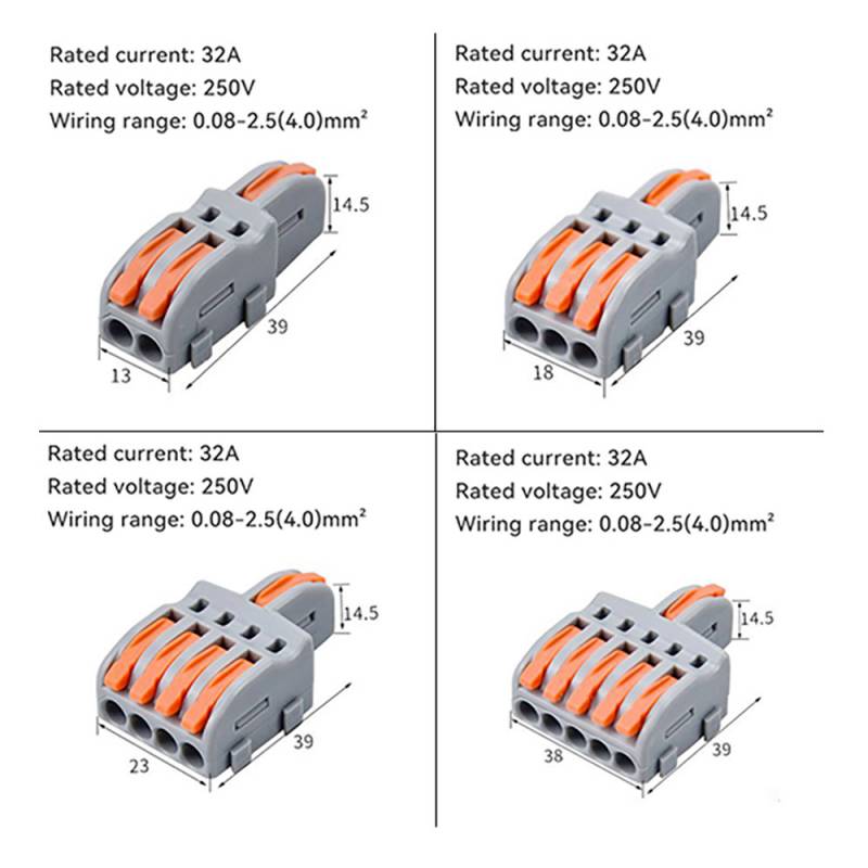 Conector rápido con 1 entrada para cables de sección 0.2-4mm2 y salida para 2 cables de sección 0.2-2.5mm2 - 250V / 32A Nylon/PC. Facilita y organiza las instalaciones eléctricas.