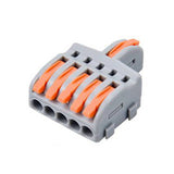 Conector rápido con 1 entrada para cables de sección 0.2-4mm2 y salida para 5 cables de sección 0.2-2.5mm2 - 250V / 32A Nylon/PC. Facilita y organiza las instalaciones eléctricas.