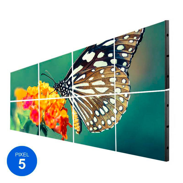 8 Módulos Pantalla Pixel 5  RGB Full Color de 64x48cm, teniendo un tamaño de 2,45m2. Las pantallas LED de la Serie Fija para publicidad son sistemas modulares altamente resistentes y fiables. La principal ventaja de su tecnología es su alto brillo, permitiendo una visualización óptima en cualquier condición de luminosidad.