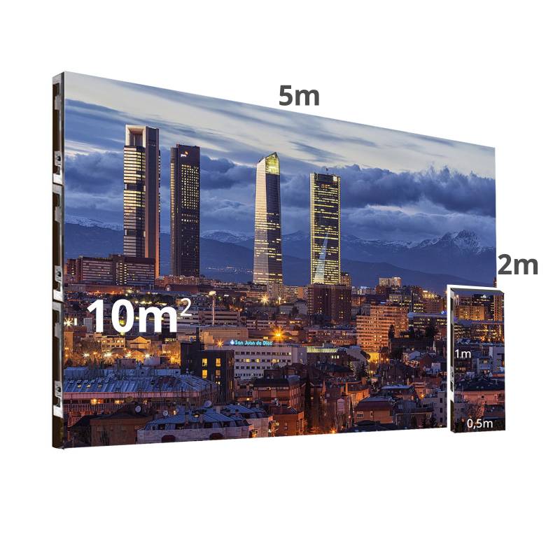 20 Módulos de Pantalla LED electrónica RGB Full Color de 100x50cm, tamaño de 10m2 Las pantallas LED Gigantes de la Serie Fija para publicidad son sistemas modulares altamente resistentes y fiables. La principal ventaja de su tecnología es su alto brillo, permitiendo una visualización óptima.