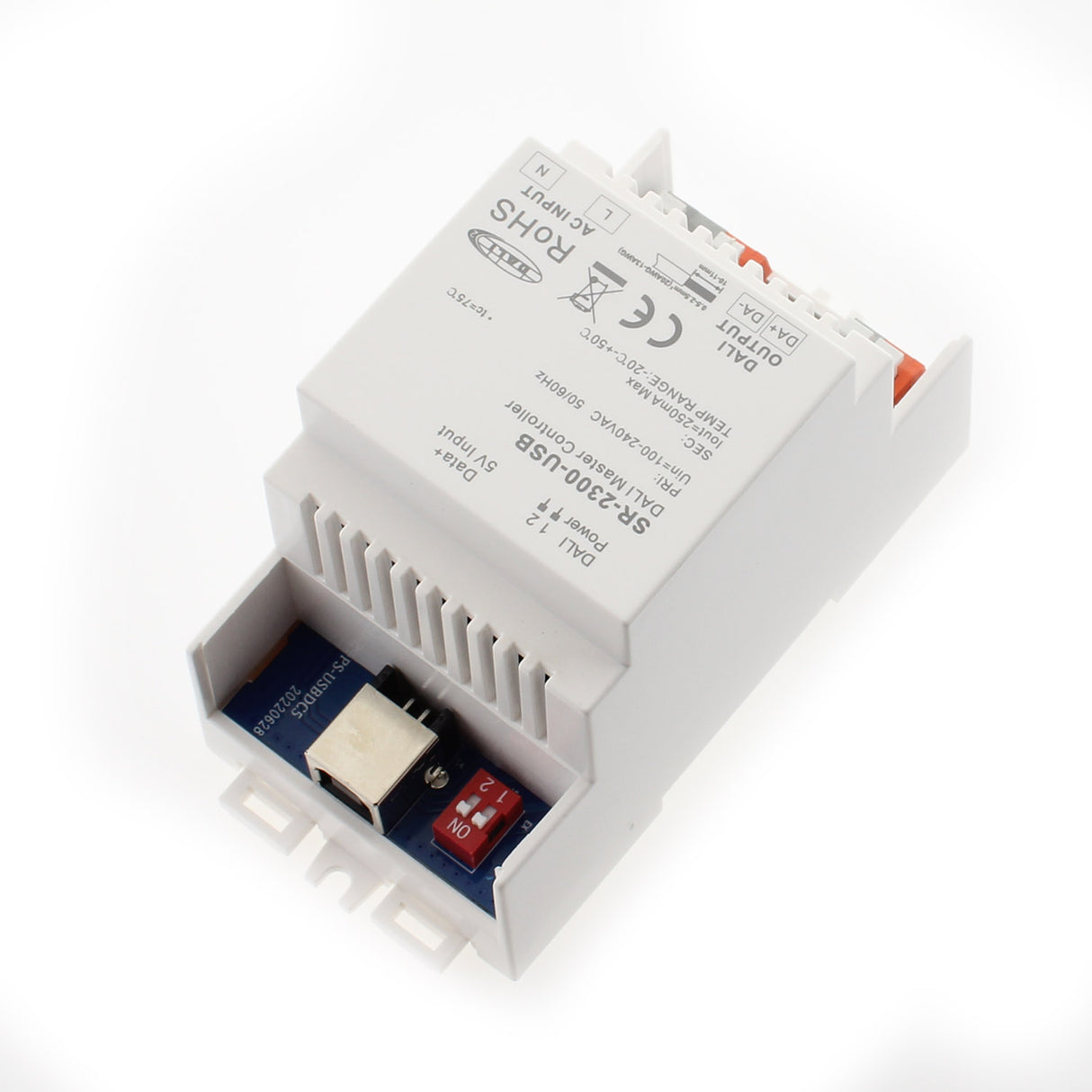 El controlador master DALI para riel DIN SR-2300-USB es un controlador central de un sistema DALI para controlar dispositivos de control DALI de última generación. Permite asignar y gestionar automáticamente direcciones de hasta 64 equipos de control. Admite 5 equipos de control DALI, tipos de dispositivos: DT6, DT8 Tc, DT8 coordenadas XY, DT8 RGBWA, DT7 Actuador de conmutación. También soporta los dispositivos de entrada pulsador DALI-2 tipo 301