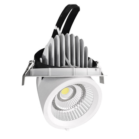 Luminaria redonda led que se caracteriza por su diseño exclusivo y alta potencia (25W). Downlight basculante led diseñado para la iluminación en el ámbito profesional y comercial. Ideal para iluminar planos verticales o de objetos. Restaurantes, centros comerciales, tiendas de moda, etc