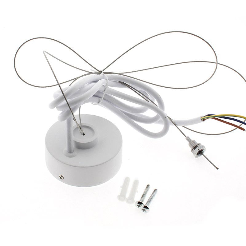 Kit de suspensión que incluye: Florón redondo blanco Ø75x28mm, cable redondo de 3 hilos de 0.75mm y 1.5m de longitud. Cable de acero de suspensión con pasador sujetables, clip de conexión rápida de cables y tornillos de sujección.