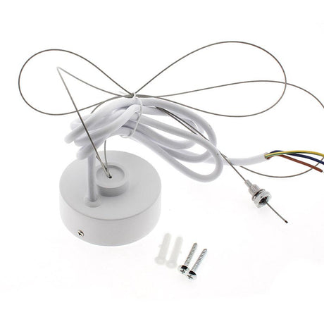 Kit de suspensión que incluye: Florón redondo blanco Ø75x28mm, cable redondo de 3 hilos de 0.75mm y 1.5m de longitud. Cable de acero de suspensión con pasador sujetables, clip de conexión rápida de cables y tornillos de sujección.