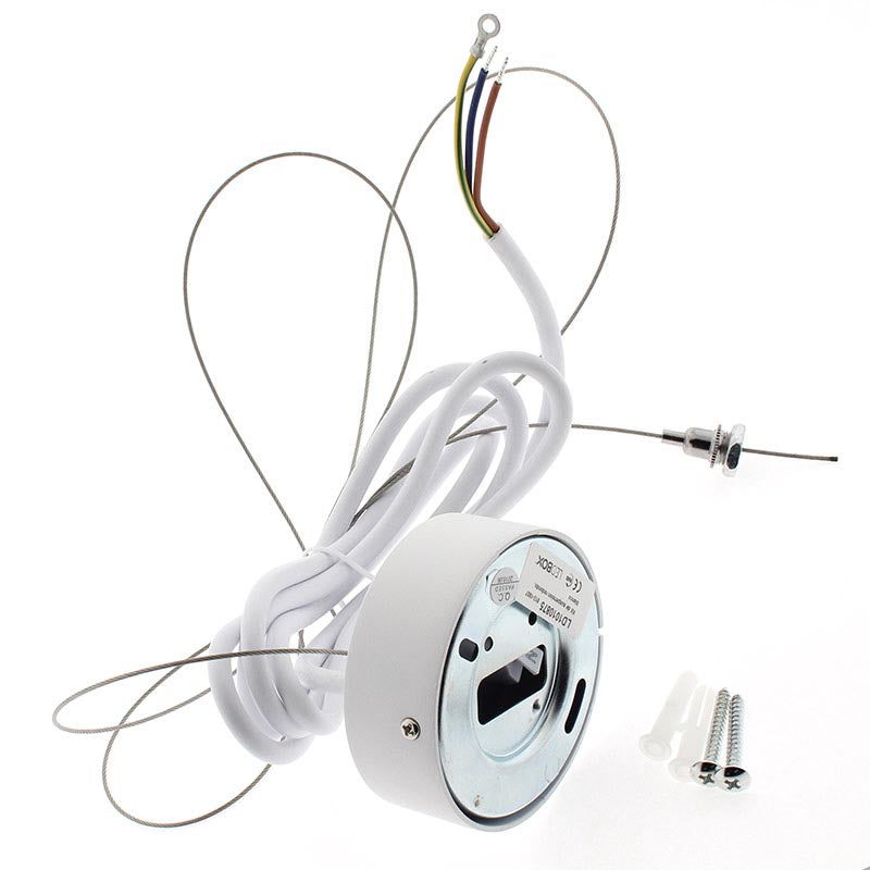 Kit de suspensión que incluye: Florón redondo blanco Ø75x28mm, cable redondo de 3 hilos de 0.75mm y 1.5m de longitud. Cable de acero de suspensión con pasador sujetables, clip de conexión rápida de cables y tornillos de sujección.