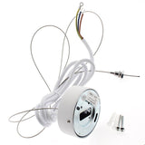 Kit de suspensión que incluye: Florón redondo blanco Ø75x28mm, cable redondo de 3 hilos de 0.75mm y 1.5m de longitud. Cable de acero de suspensión con pasador sujetables, clip de conexión rápida de cables y tornillos de sujección.