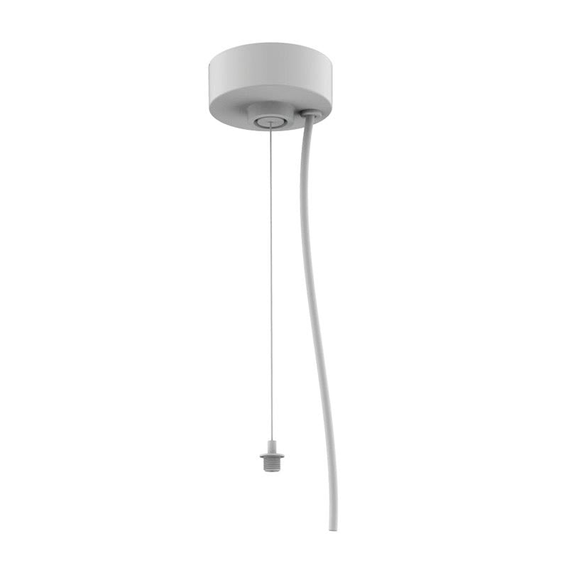 Kit de suspensión que incluye: Florón redondo blanco Ø75x28mm, cable redondo de 3 hilos de 0.75mm y 1.5m de longitud. Cable de acero de suspensión con pasador sujetables, clip de conexión rápida de cables y tornillos de sujección.