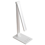 Lámpara de escritorio de brazo abatible y luminaria led de de alta potencia, botonera táctil con selector de intensidad. Con un diseño estilizado, moderno y funcional, realizado con materiales de alta calidad, su brazo articulado permite dirigir su haz de luz en cualquier dirección. Incorpora cargador inalámbrico IQ en la base. 