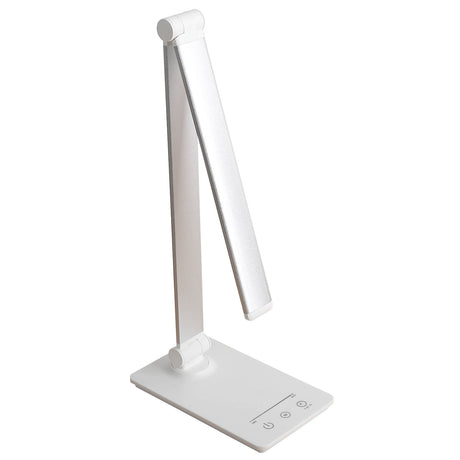 Lámpara de escritorio de brazo abatible y luminaria led de de alta potencia, botonera táctil con selector de intensidad. Con un diseño estilizado, moderno y funcional, realizado con materiales de alta calidad, su brazo articulado permite dirigir su haz de luz en cualquier dirección. Incorpora cargador inalámbrico IQ en la base. 