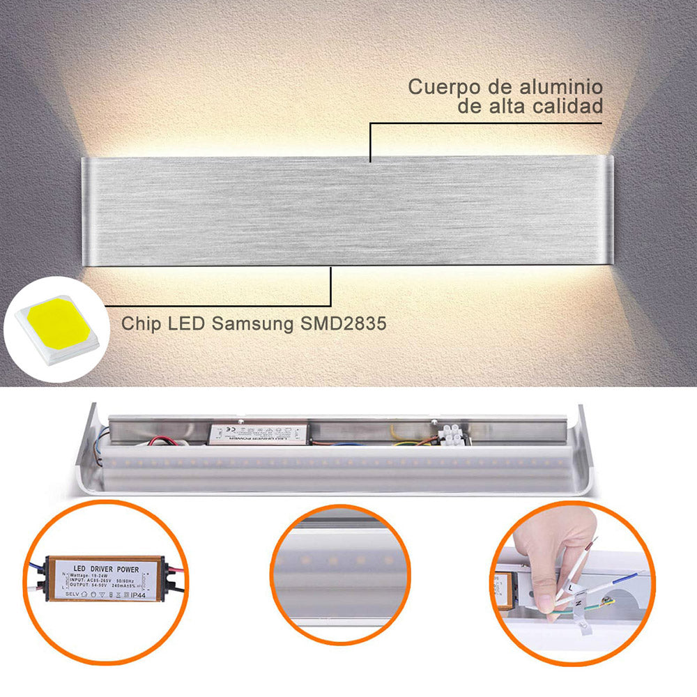 Elegante aplique LED de pared de diseño minimalista. Permite generar un tipo de luz difusa y homogénea a la vez. Son elementos funcionales y decorativos. Los apliques de pared Led suelen ser luminarias que complementan a la iluminación principal siendo un elemento importante en la decoración de los más variados ambientes.