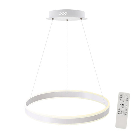 Luminaria de suspensión CCT (blanco dual 3000K-6000K) con mando a distancia que permite múltiples composiciones creativas en combinación con otras lámparas RING. Dispone de dos aros de difusión (inferior y superior) de acrílico opalizado que crea un ambiente perfecto para cualquier estancia.