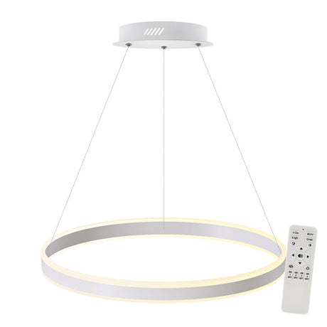 Luminaria de suspensión CCT (blanco dual 3000K-6000K) con mando a distancia que permite múltiples composiciones creativas en combinación con otras lámparas RING. Dispone de dos aros de difusión (inferior y superior) de acrílico opalizado que crea un ambiente perfecto para cualquier estancia.