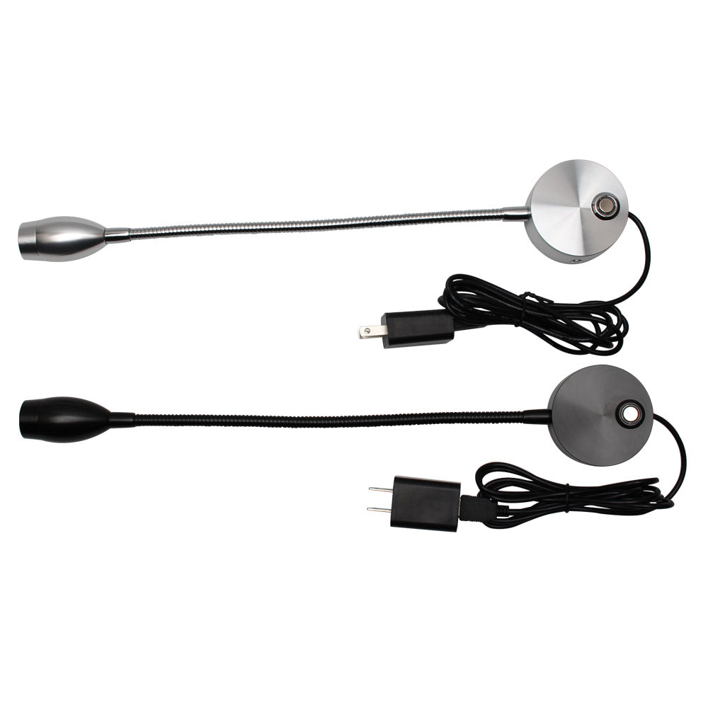 Luminaria flexible de gran calidad con interruptor táctil incorporado para su intalación en pared. Ofrece iluminación focal muy apropiado para su uso como lámpara de lectura o iluminación en vitrinas. Incluye alimentador con adaptador USB.