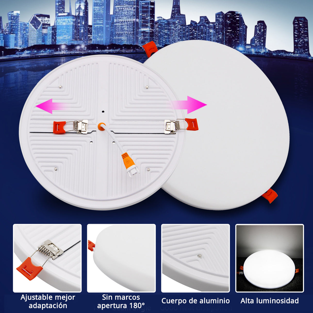 Downlight LED con nuevo diseño sin marco que ofrece máxima luminosidad y aporta un diseño limpio y elegante en cualquier ambiente. Dispone de un amplio difusor de aluminio integrado y gran ángulo de apertura. Con un nuevo sistema que permite ajustarse perfectamente al diámetro del agujero gracias a un sencillo sistema de deslizamiento de los muelles de fijación desde Ø55mm hasta Ø90mm. Proporciona iluminación general con una máxima eficiencia.