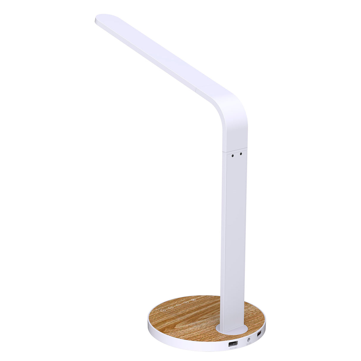 <b>Flexo LED escritorio</b> WOOD Multifunción. Lámpara de escritorio multifunción con doble cargador USB, botonera táctil, temporizador y selector de color de luz. Con un diseño estilizado, moderno y funcional, realizado con materiales de alta calidad y chip led Osram de alta potencia. Orientable en cualquier posición.
