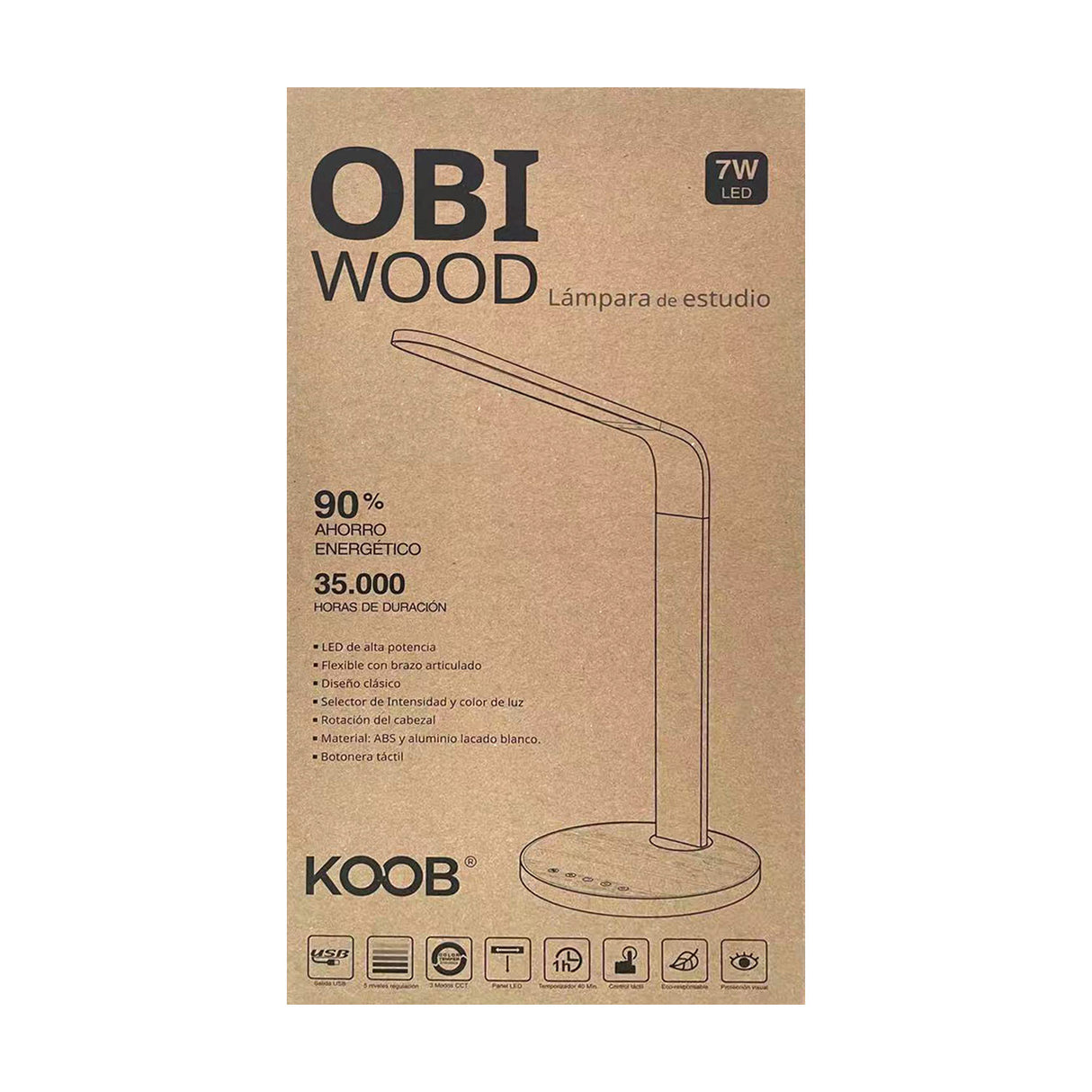 <b>Flexo LED escritorio</b> WOOD Multifunción. Lámpara de escritorio multifunción con doble cargador USB, botonera táctil, temporizador y selector de color de luz. Con un diseño estilizado, moderno y funcional, realizado con materiales de alta calidad y chip led Osram de alta potencia. Orientable en cualquier posición.