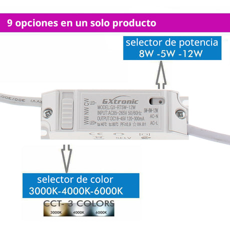 Luminaria empotrable de la más alta calidad para los proyectos más exigentes. Downlight Led con Chip Bridgelux y driver GXTronic con selector de color de luz (blanco cálido, neutro o frío) y selector de potencia (5, 8 ó 12W). 9 opciones en un solo producto. 