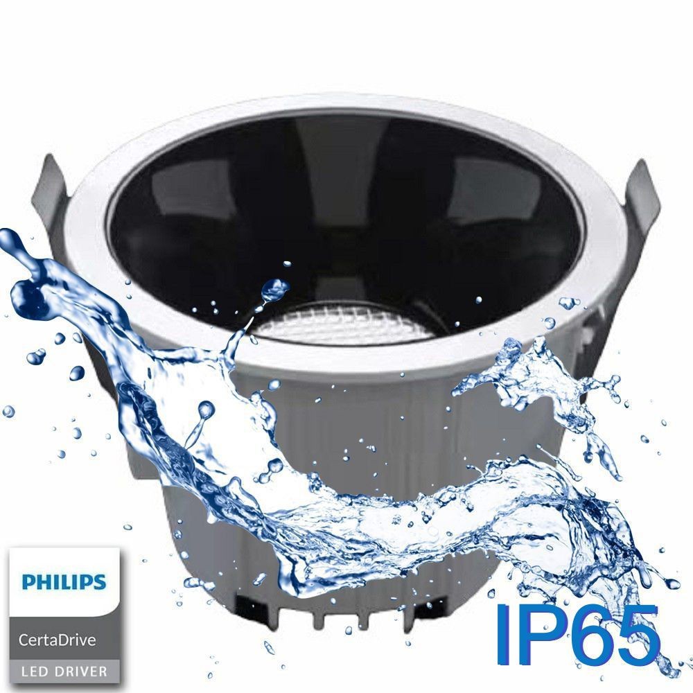 Luminaria empotrable de la más alta calidad para los proyectos más exigentes con protección contra el agua IP65. Downlight Led con Chip Bridgelux y driver Philips Certadrive con selector de color de luz (blanco cálido, neutro o frío) 