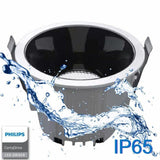 Luminaria empotrable de la más alta calidad para los proyectos más exigentes con protección contra el agua IP65. Downlight Led con Chip Bridgelux y driver Philips Certadrive con selector de color de luz (blanco cálido, neutro o frío) 