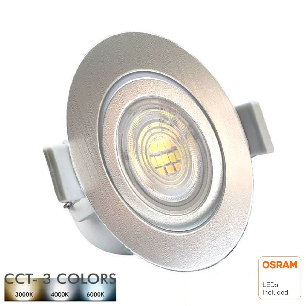 Downlight Led con Chip Osram y selector de color de luz (blanco cálido, neutro o frío) en un solo producto. Protección contra el agua IP54, especialmente diseñado para su instalación de aseos. Acabado en dorado suave.