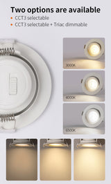 Pack que incluye 10 luminarias led empotrable con color de luz e intensidad regulable. La solución ideal para todos los proyectos de iluminación. Basculante y selector de color de luz (blanco cálido - neutro - frío) en el cuerpo de la luminaria.