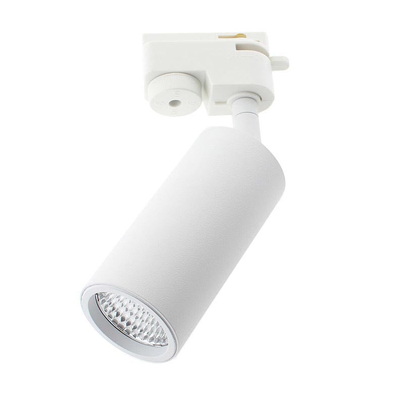 Proyector para carril led de reducidas dimensiones con conector monofásico, orientable en todas direcciones y fabricación de alta calidad en aluminio y lacado en color blanco mate, incluye conector carril. Indicado para todo tipo de iluminación técnica, Uso comercial y profesional, oficinas, salas de exposiciones, etc.