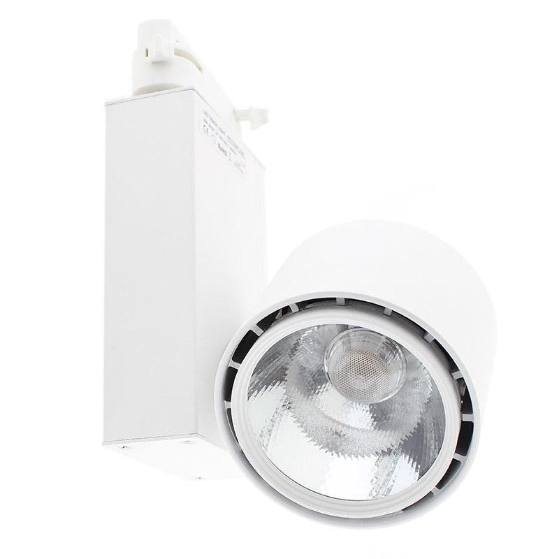 Proyector para carril led con conector monofásico de calidad profesional con chip led CREE y driver certificado TUV con cuerpo en aluminio y lacado en color blanco mate, incluye conector a carril. Indicado para todo tipo de iluminación técnica, Uso comercial y profesional, oficinas, salas de exposiciones, etc.