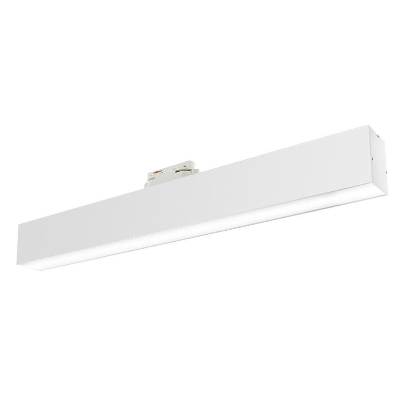 Proyector lineal para carril led con conector monofásico, orientable en todas direcciones y fabricación de alta calidad en aluminio y lacado en color blanco, incluye conector carril y driver TRIDONIC. Indicado para todo tipo de iluminación técnica, Uso comercial y profesional, oficinas, salas de exposiciones, etc.