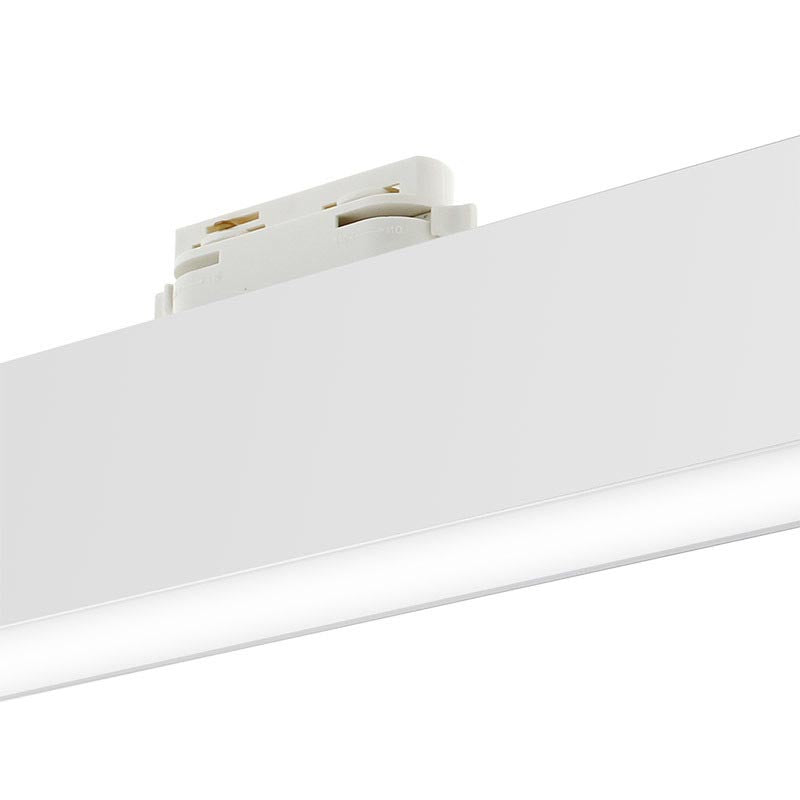 Proyector lineal para carril led con conector monofásico, orientable en todas direcciones y fabricación de alta calidad en aluminio y lacado en color blanco, incluye conector carril y driver TRIDONIC. Indicado para todo tipo de iluminación técnica, Uso comercial y profesional, oficinas, salas de exposiciones, etc.